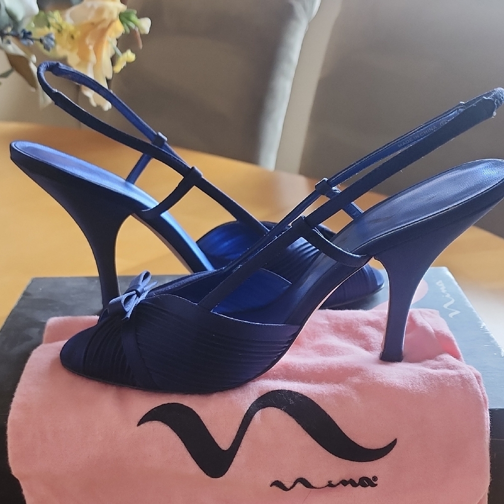 NINA blue Satin Peep Toe Slingbacks